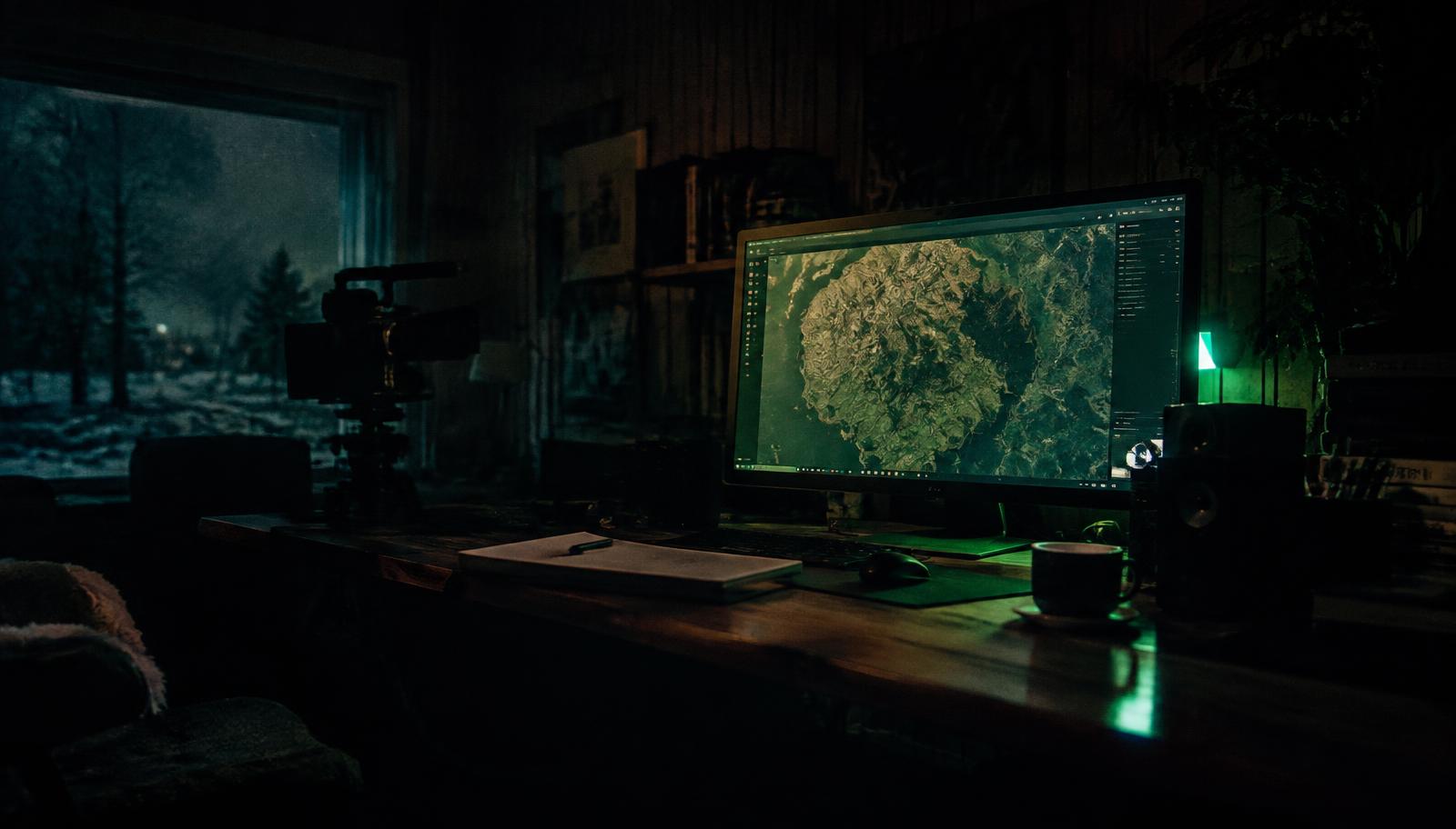 Creative workspace with a laptop, script and notebooks